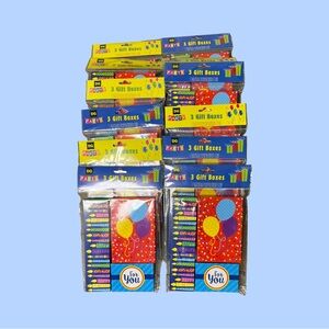 Party Gift Boxes NIP, with Balloon, Hap Bday Design-Red, Yellow, Blue, 36 total
